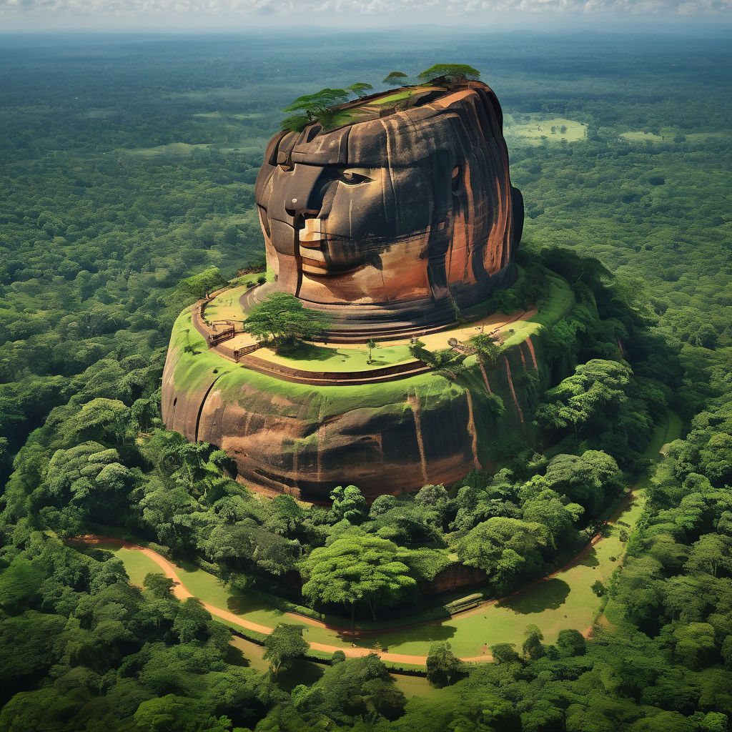 Sri Lanka featuring the Sigiriya Rock Fortress. Capture the majestic rock formation rising above lush green jungle, with its ancient frescoes and lion's paw entrance. Show the surrounding landscape and the historical ruins on top of the rock, emphasizing its cultural and architectural significance.