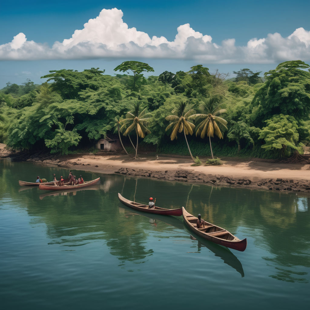 Liberia featuring the Providence Island. Capture the serene riverside landscape with lush greenery and historic monuments. Include some traditional wooden canoes on the water and a clear blue sky to highlight the cultural and historical significance of this landmark.