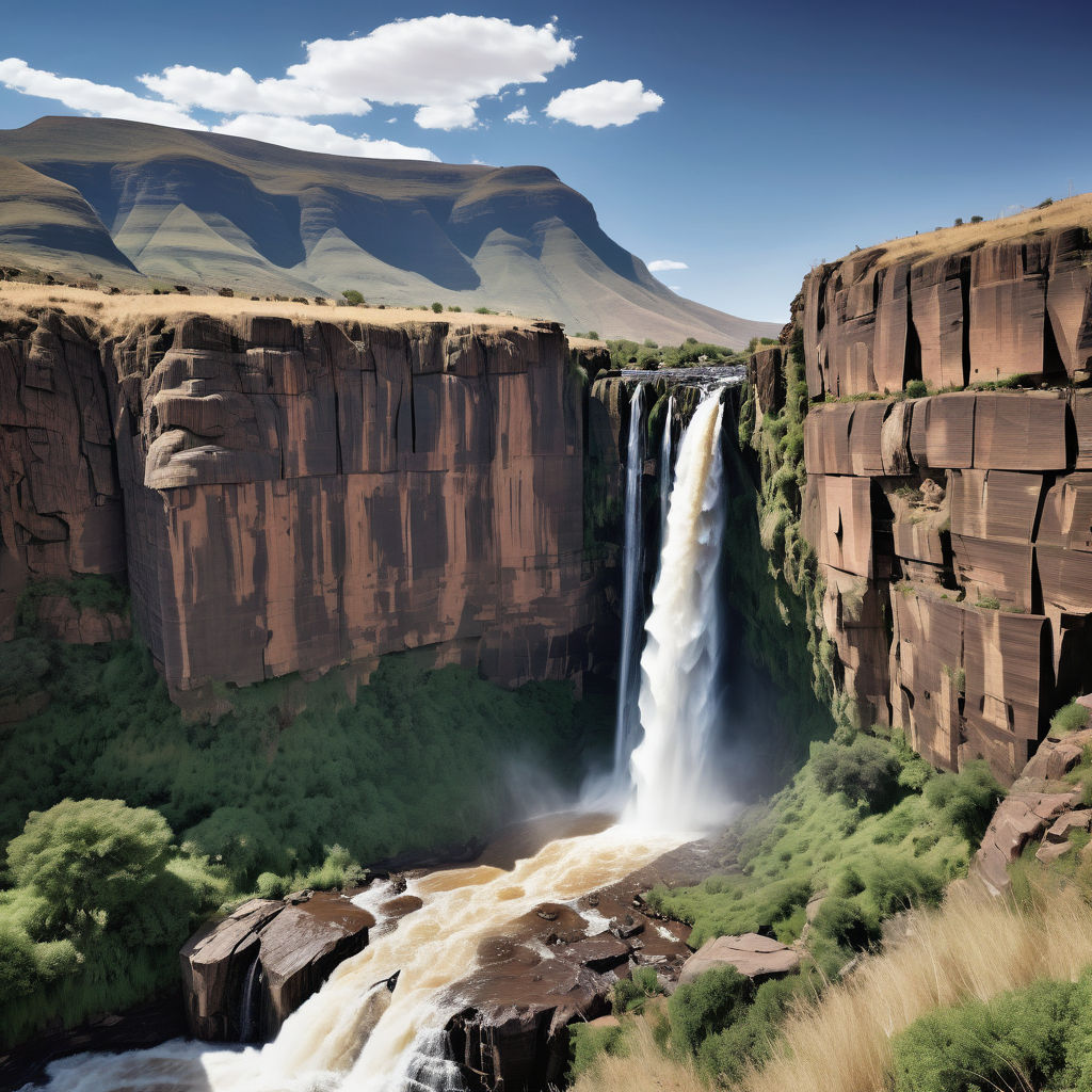 Lesotho featuring the Maletsunyane Falls. Capture the impressive waterfall plunging down the cliffs into the gorge below, surrounded by rugged mountains and lush greenery. Include a clear blue sky to highlight the natural beauty and dramatic landscape of this landmark.