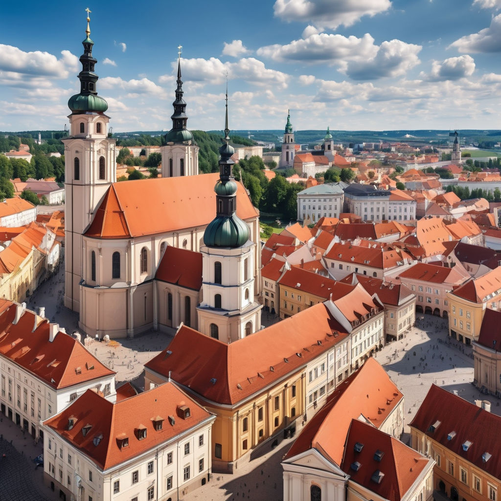 Lithuania featuring the picturesque Vilnius Old Town. Highlight the Baroque architecture of the Church of St. Anne and the cobblestone streets with historic buildings. Include elements like traditional European charm, vibrant city life, and the iconic Gediminas Tower in the background. Capture the atmosphere of this UNESCO World Heritage site on a sunny day.