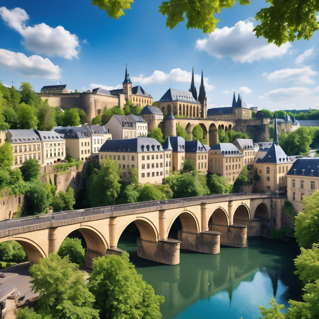 Luxembourg featuring the picturesque Old Quarter of Luxembourg City. Capture the historic buildings with their charming architecture, the stone bridges, and the lush green valleys. Include the iconic Adolphe Bridge and the clear blue sky to highlight the beauty and historical significance of this landmark.