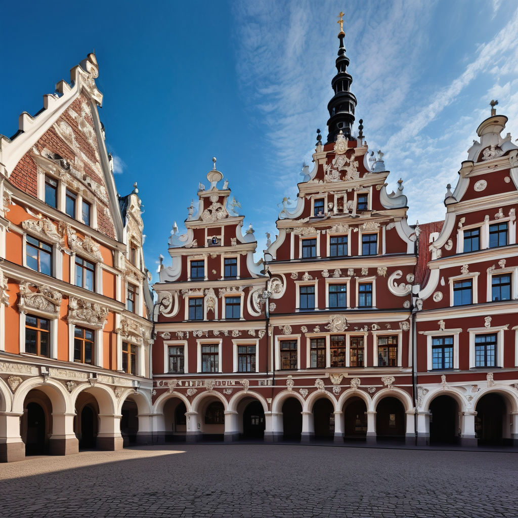 Latvia featuring the House of the Blackheads in Riga. Capture the stunning Gothic architecture with its ornate facade and intricate details. Include the surrounding cobblestone square, other historic buildings, and a clear blue sky to highlight the charm and historical significance of this landmark.