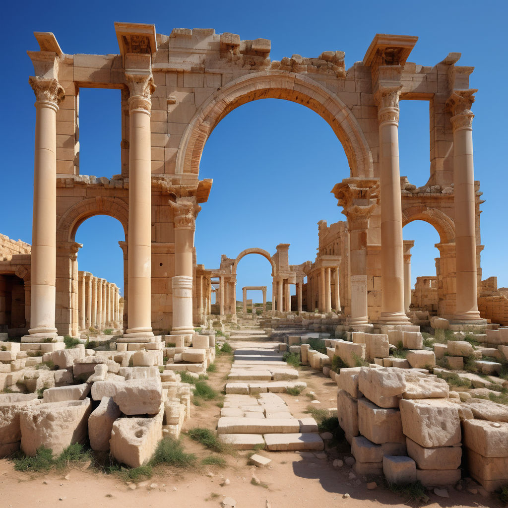 Libya featuring the ancient ruins of Leptis Magna. Capture the well-preserved Roman architecture, including the grand archways, columns, and amphitheater, set against a clear blue sky. Include the surrounding arid landscape to highlight the historical significance and grandeur of this archaeological site.