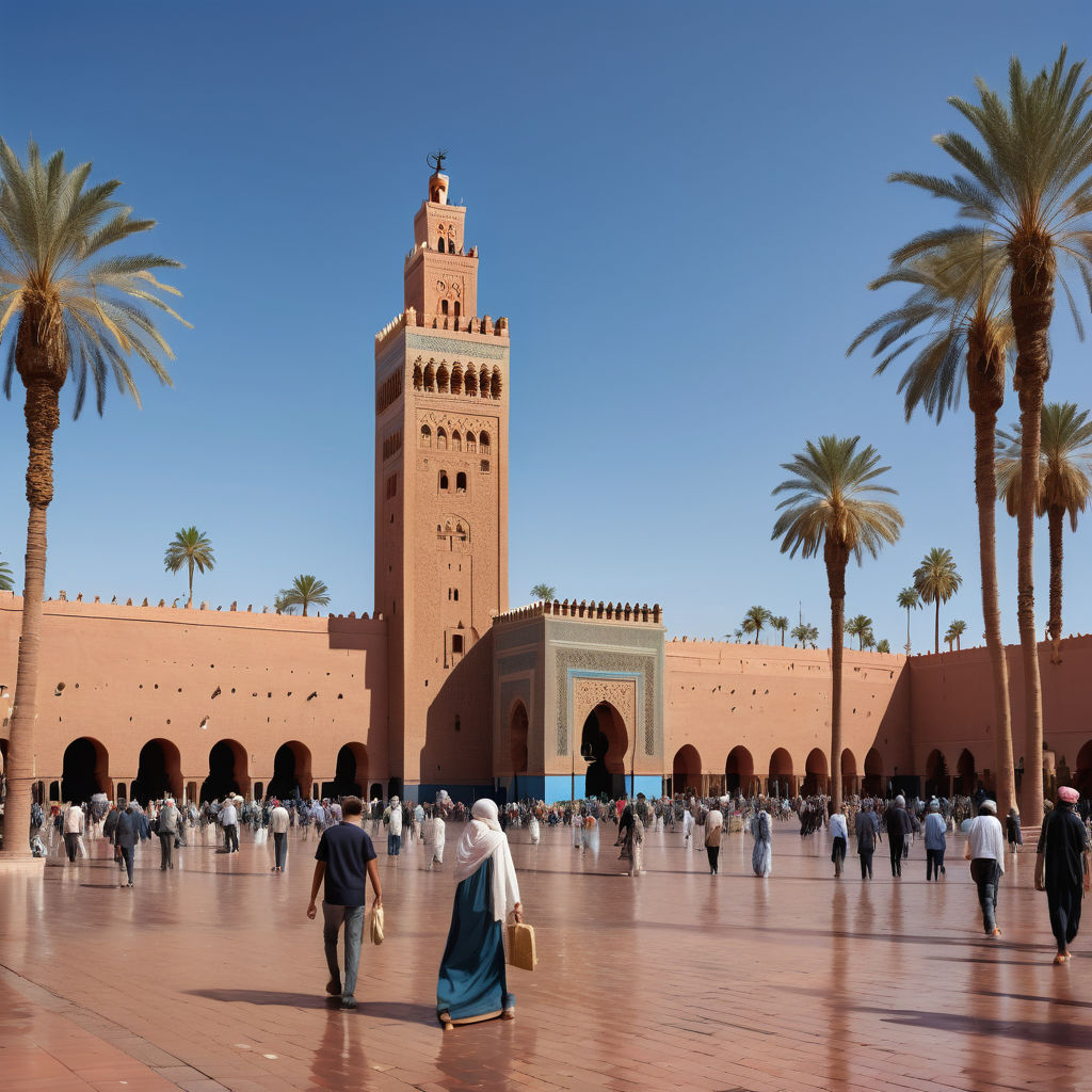 Morocco featuring the Koutoubia Mosque in Marrakech. The image should show the tall minaret of the mosque with its ornate design, set against a clear blue sky. Include the surrounding palm trees and bustling Djemaa el-Fna square with people to capture the cultural and historical significance of this landmark.