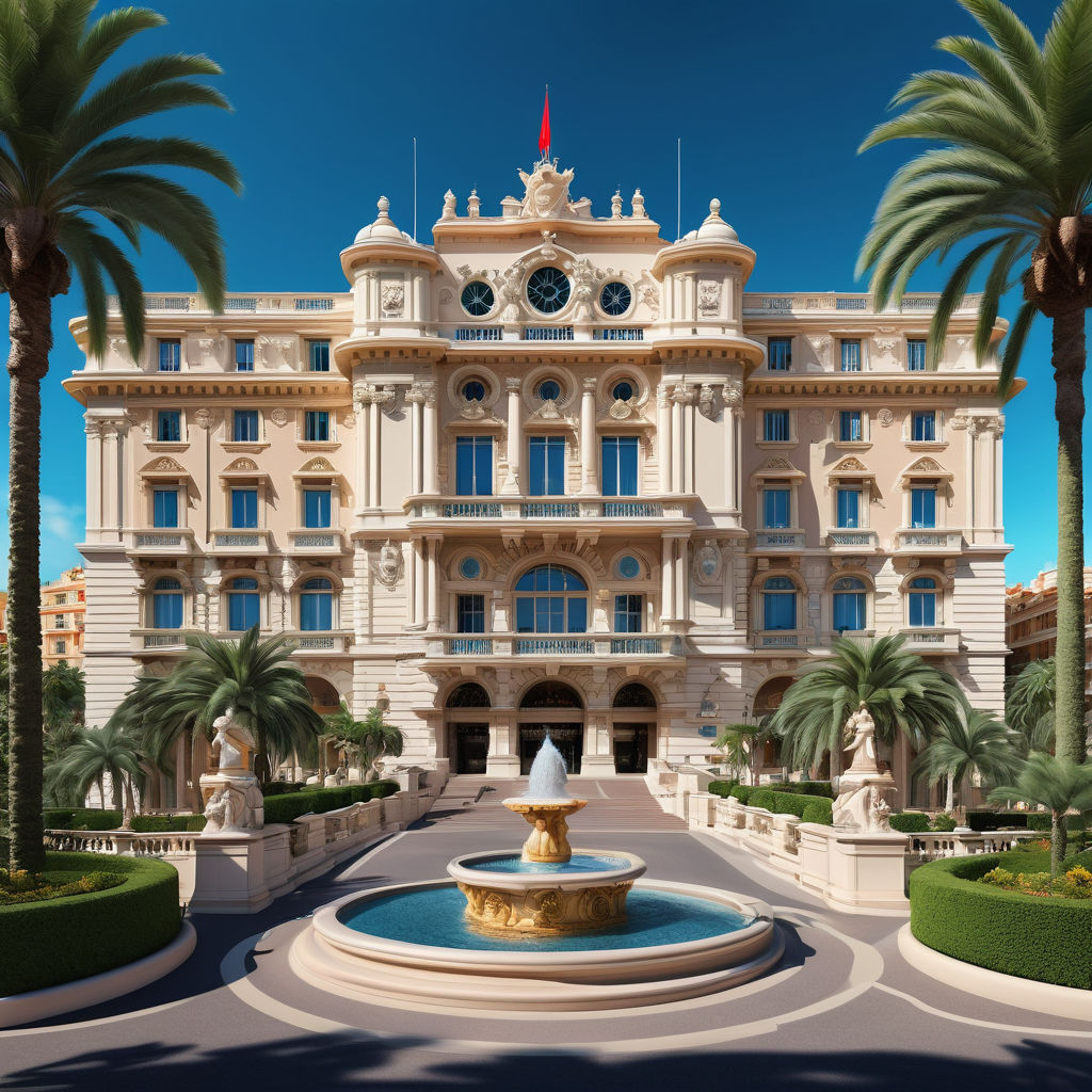 Monaco featuring the iconic Monte Carlo Casino. Capture the elegant Beaux-Arts architecture of the casino with its grand entrance and ornate details. Include the surrounding luxurious gardens, palm trees, and a clear blue sky to highlight the opulence and architectural beauty of this landmark.