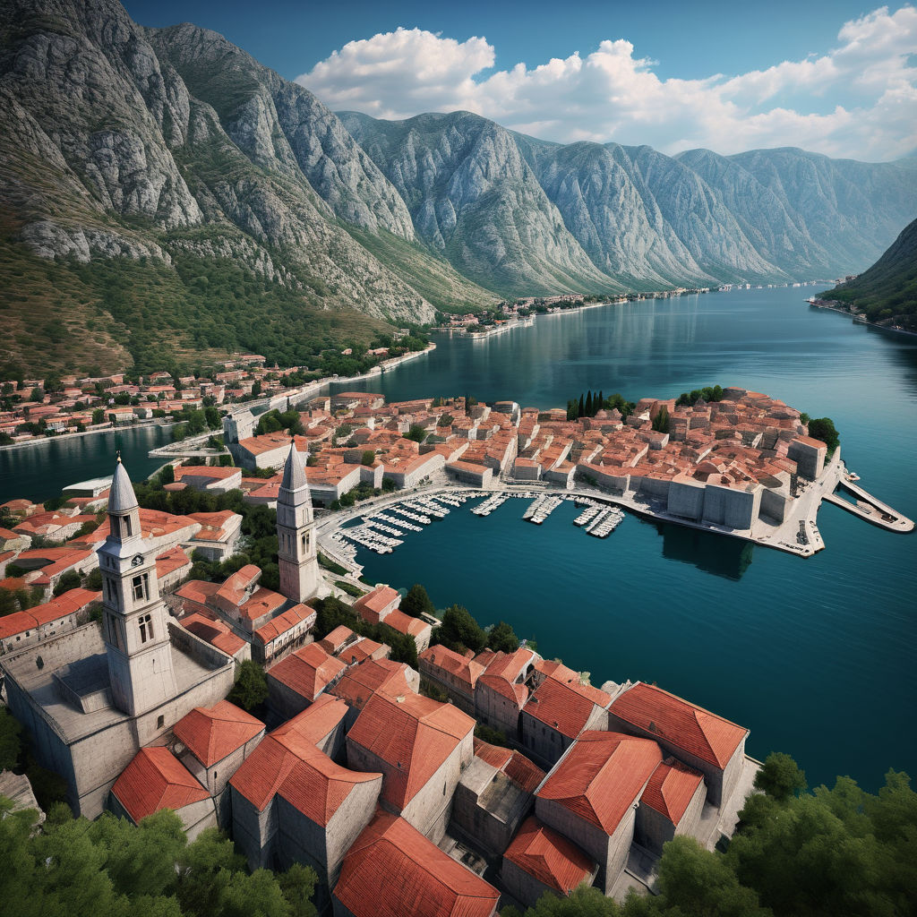 Montenegro featuring the Bay of Kotor. Capture the stunning fjord-like bay with its clear blue waters, surrounded by towering mountains. Include the historic town of Kotor with its medieval architecture, red-tiled roofs, and stone walls to highlight the natural beauty and historical significance of this landmark.