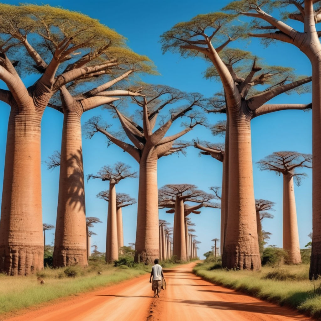 Madagascar featuring the Avenue of the Baobabs. Capture the towering baobab trees lining the dirt road, with their massive trunks and unique silhouettes, set against a clear blue sky. Include the surrounding grassy landscape and some local people or animals to highlight the natural beauty and iconic scenery of this landmark.