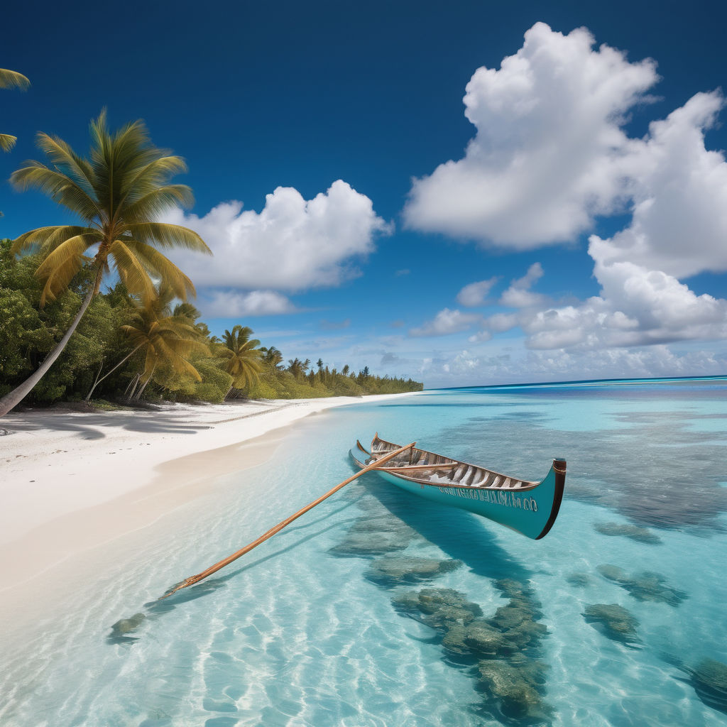 the Marshall Islands featuring the stunning Bikini Atoll. Capture the crystal-clear turquoise waters, vibrant coral reefs, and white sandy beaches. Include some traditional outrigger canoes and a clear blue sky to highlight the natural beauty and serene atmosphere of this iconic location.