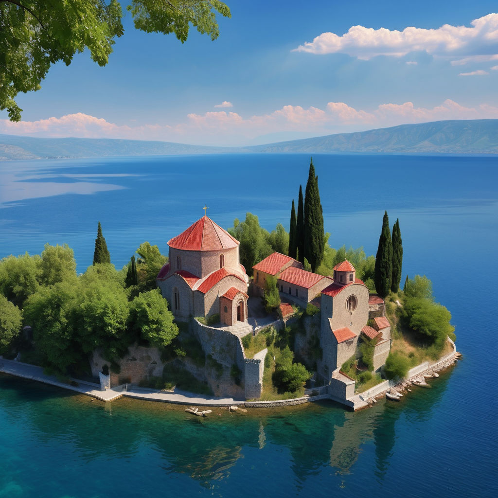 North Macedonia featuring the Church of St. John at Kaneo. Capture the iconic Byzantine church perched on a cliff overlooking Lake Ohrid, with its distinctive red-tiled roof and cross. Include the serene blue waters of the lake, the surrounding lush greenery, and a clear sky to highlight the picturesque and historical significance of this landmark.