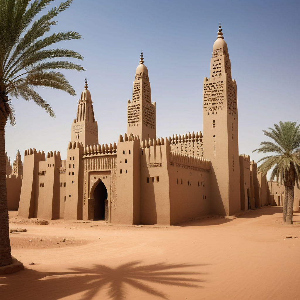 Mali showcasing the iconic Grand Mosque of Djenné. Highlight the mosque's distinctive mud-brick architecture, with its towering minarets and intricate details. Include the surrounding traditional Mali village scene with its earthen buildings and palm trees under a clear blue sky. Capture the historical and cultural essence of this UNESCO World Heritage site.