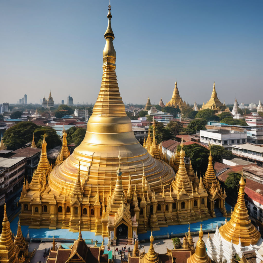 Myanmar (Burma) featuring the Shwedagon Pagoda in Yangon. The image should show the golden stupa of the pagoda towering over the city, with its intricate details and surrounding smaller temples. Include a clear blue sky and some people in traditional attire to capture the cultural and religious significance of this landmark.