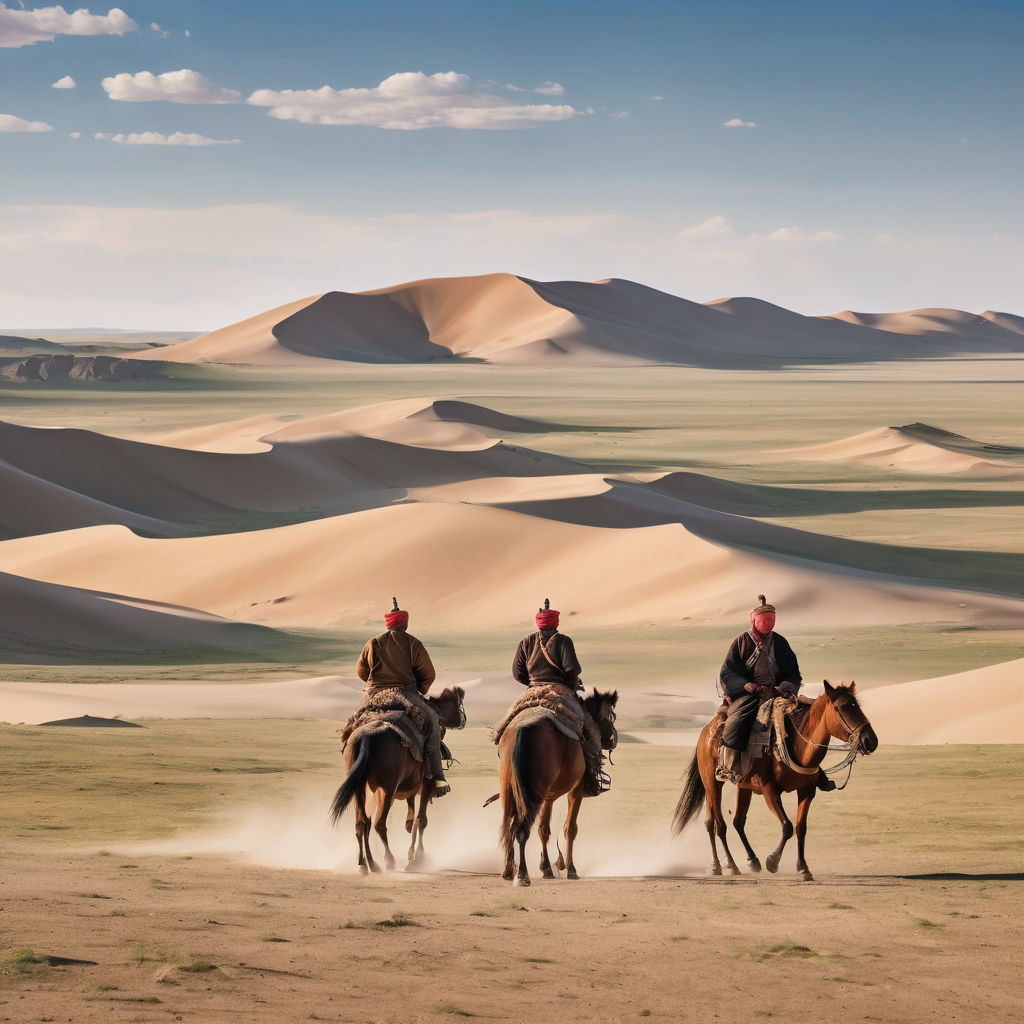 Mongolia featuring the Gobi Desert with its iconic sand dunes and vast, arid landscape. Include a traditional ger (yurt) and a nomadic herder on horseback, with a backdrop of the clear blue sky and the rugged terrain. Capture the expansive and remote beauty of this unique region.