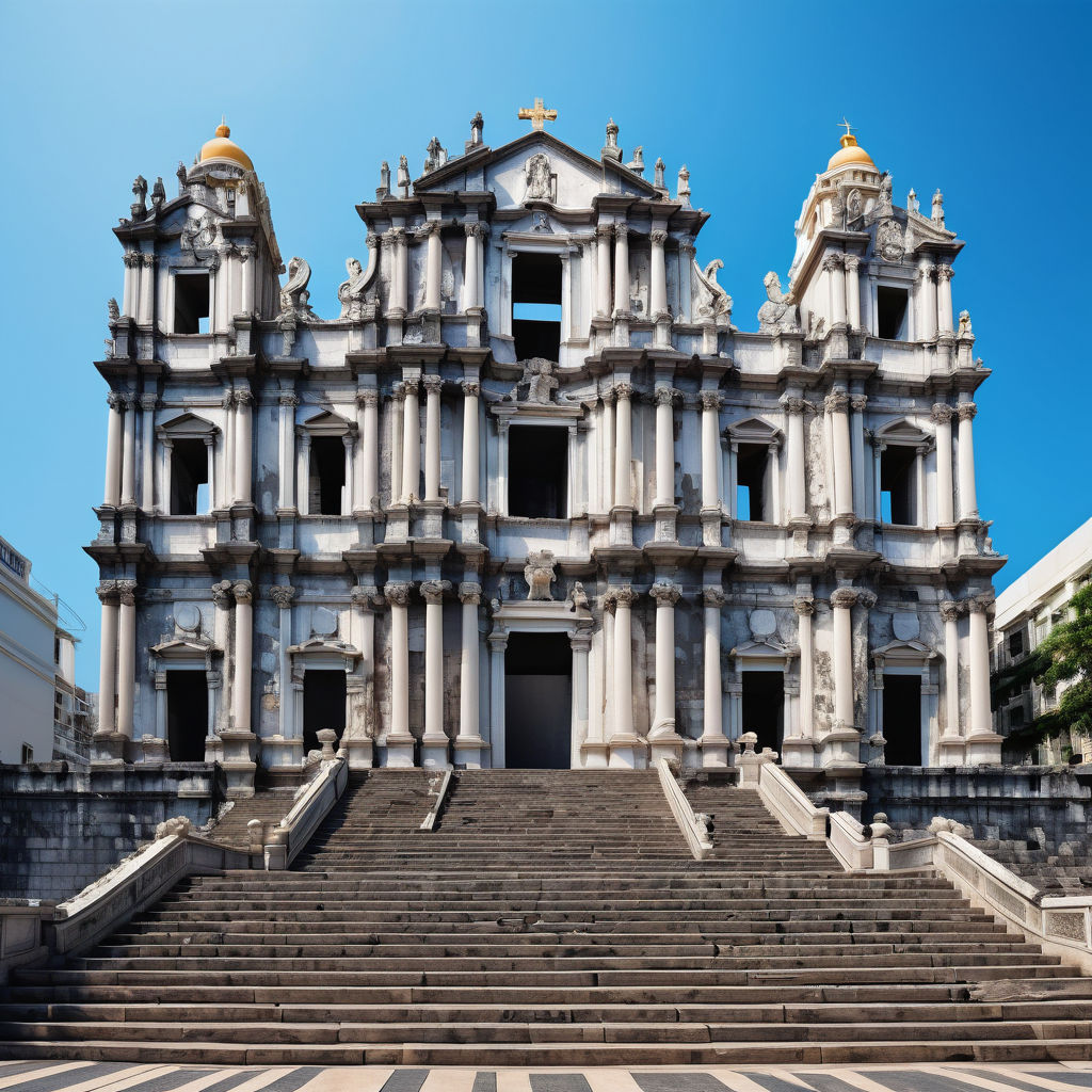 Macau featuring the Ruins of St. Paul's. Capture the iconic stone facade with its intricate carvings, standing prominently against a clear blue sky. Include the surrounding steps and some visitors to highlight the historical and cultural significance of this landmark.