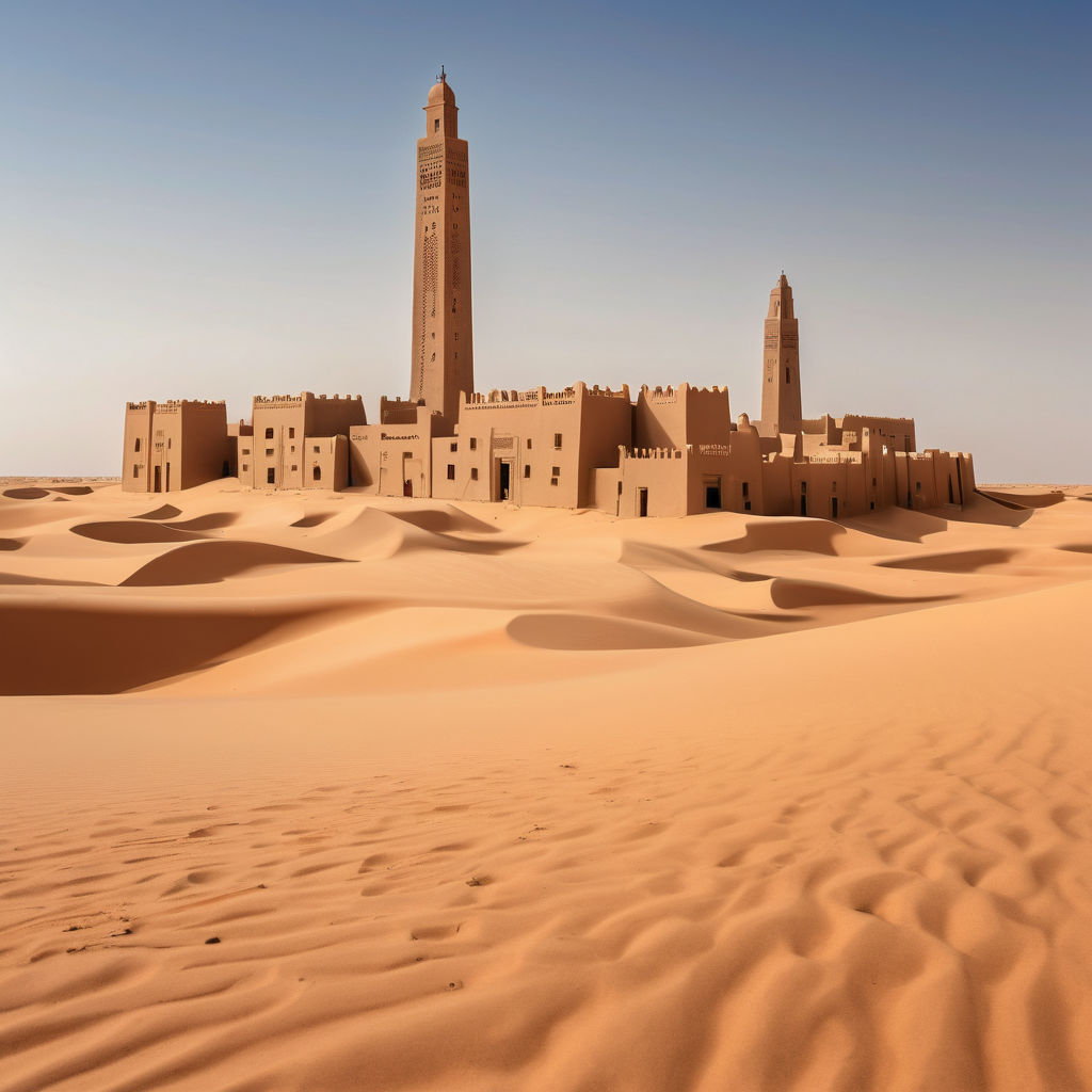 Mauritania featuring the ancient city of Chinguetti. Capture the historic stone buildings and minaret, surrounded by the vast Sahara Desert. Include some sand dunes and a clear blue sky to highlight the cultural and historical significance of this UNESCO World Heritage site.