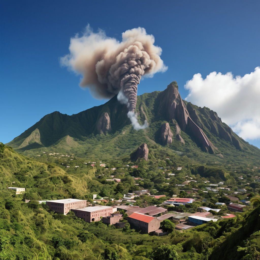 Montserrat featuring the Soufrière Hills Volcano. Capture the dramatic volcano with its smoking peak, set against the lush green landscape. Include the remains of buildings in the abandoned town of Plymouth and a clear blue sky to highlight the natural and historical significance of this location.