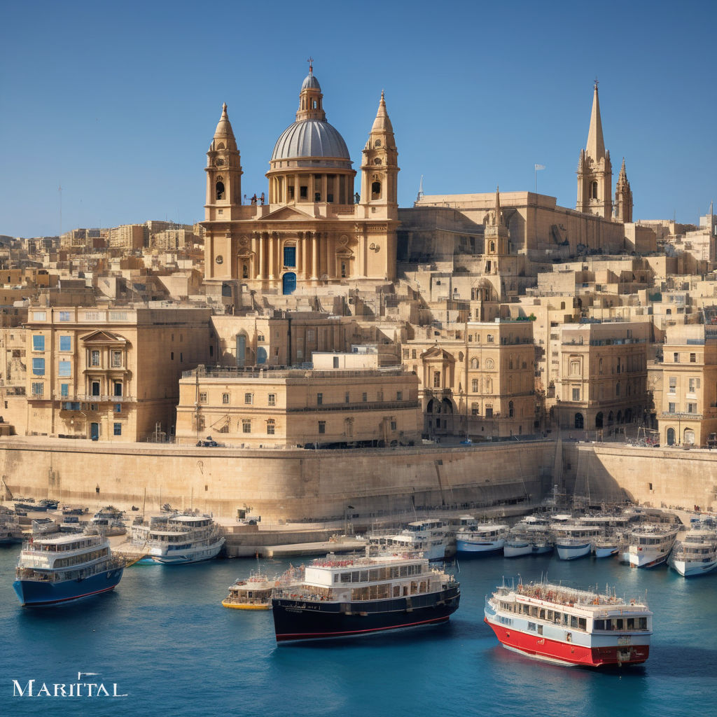 Malta featuring the historic city of Valletta. Capture the stunning skyline with its Baroque architecture, the Grand Harbour, and the iconic St. John's Co-Cathedral. Include some boats in the harbor and a clear blue sky to highlight the cultural and historical significance of this landmark.