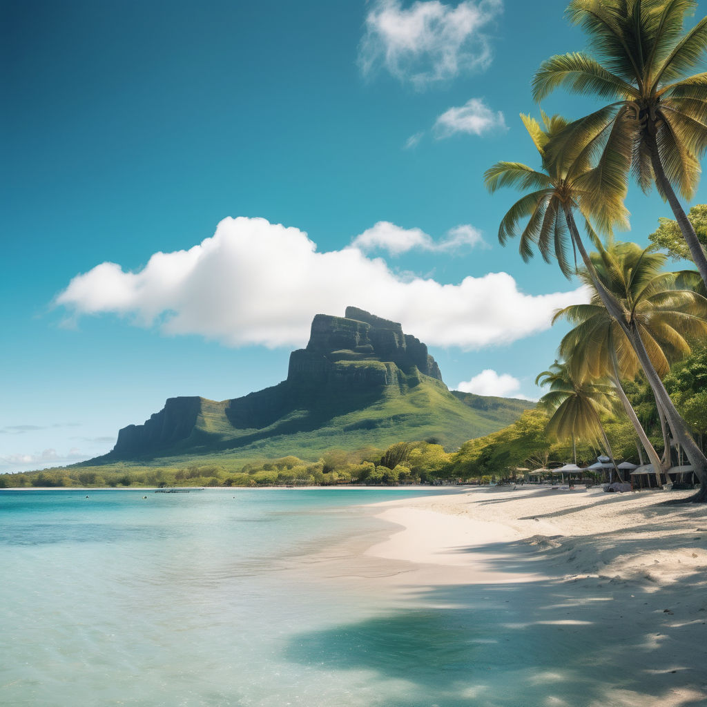 Mauritius featuring the iconic Le Morne Brabant. Capture the majestic mountain rising from the turquoise waters of the Indian Ocean, with lush green vegetation covering its slopes. Include a pristine white sandy beach and clear blue sky to highlight the natural beauty and tropical paradise of this landmark.