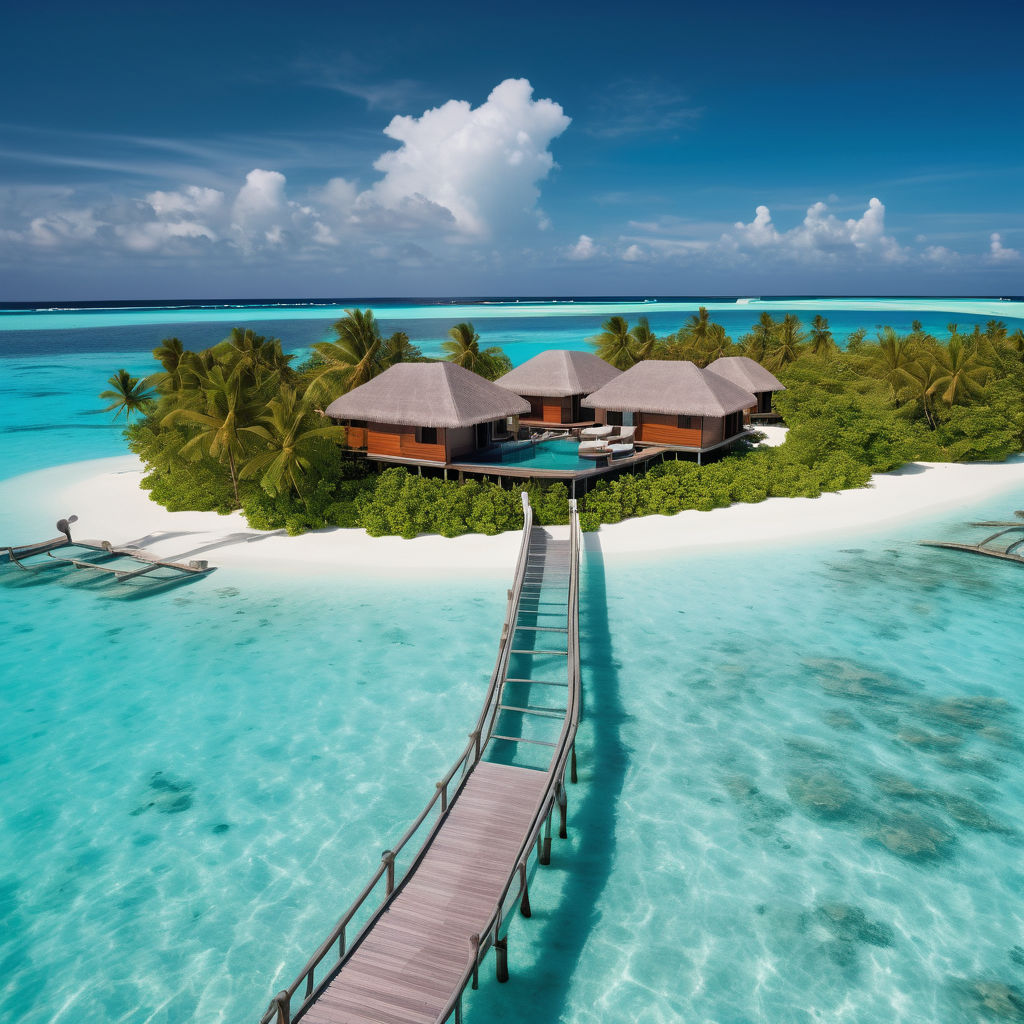 the Maldives featuring a stunning overwater bungalow. Capture the crystal-clear turquoise waters, white sandy beach, and lush palm trees. Include the vibrant coral reefs visible beneath the water and a clear blue sky to highlight the tropical paradise and luxurious atmosphere of this location.