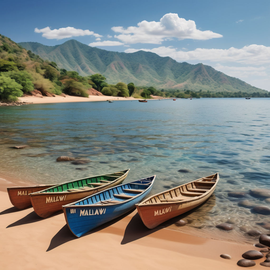 Malawi featuring Lake Malawi. Capture the crystal-clear blue waters, sandy beaches, and rocky shores with the backdrop of lush green hills. Include traditional fishing boats (dugout canoes) on the water and a clear, sunny sky to highlight the natural beauty and tranquility of this iconic landmark.