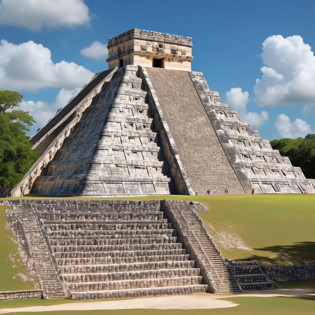 Mexico featuring the ancient Mayan pyramid El Castillo at Chichen Itza. The image should show the iconic stepped pyramid with its steep stairs and temple at the top, set against a clear blue sky and surrounded by lush green vegetation. Include a few tourists exploring the site to capture the landmark's historical significance.