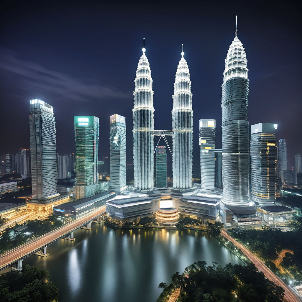 Malaysia featuring the Petronas Twin Towers. The image should show the iconic twin skyscrapers illuminated against the night sky, with their distinctive sky bridge connecting the two towers. Include the surrounding Kuala Lumpur cityscape to capture the modern and urban atmosphere of this landmark.