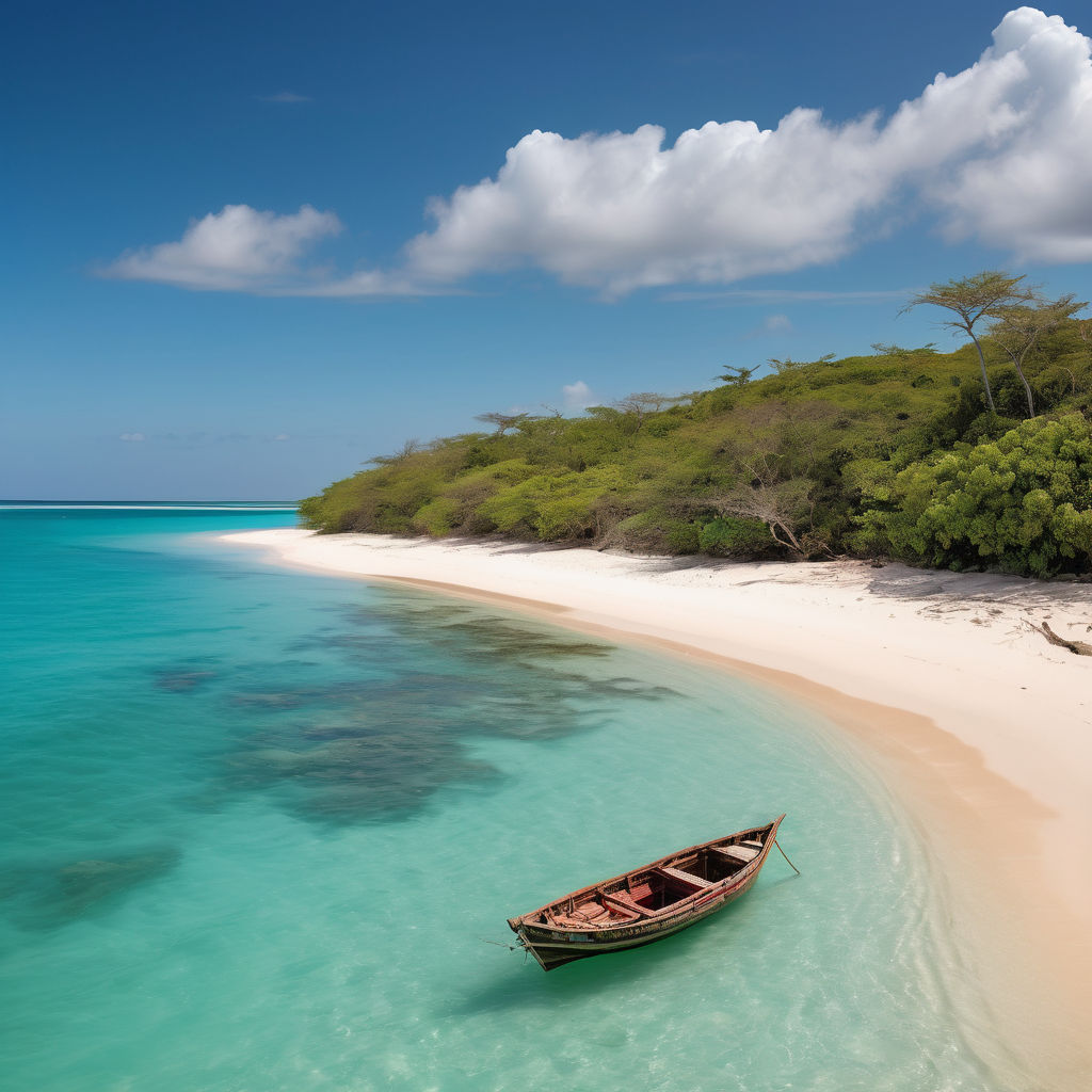 Mozambique featuring the stunning Bazaruto Archipelago. Display the pristine white sandy beaches, crystal-clear turquoise waters, and vibrant coral reefs. Include lush tropical vegetation and a traditional dhow boat anchored near the shore. Capture the serene, unspoiled natural beauty of this coastal paradise.