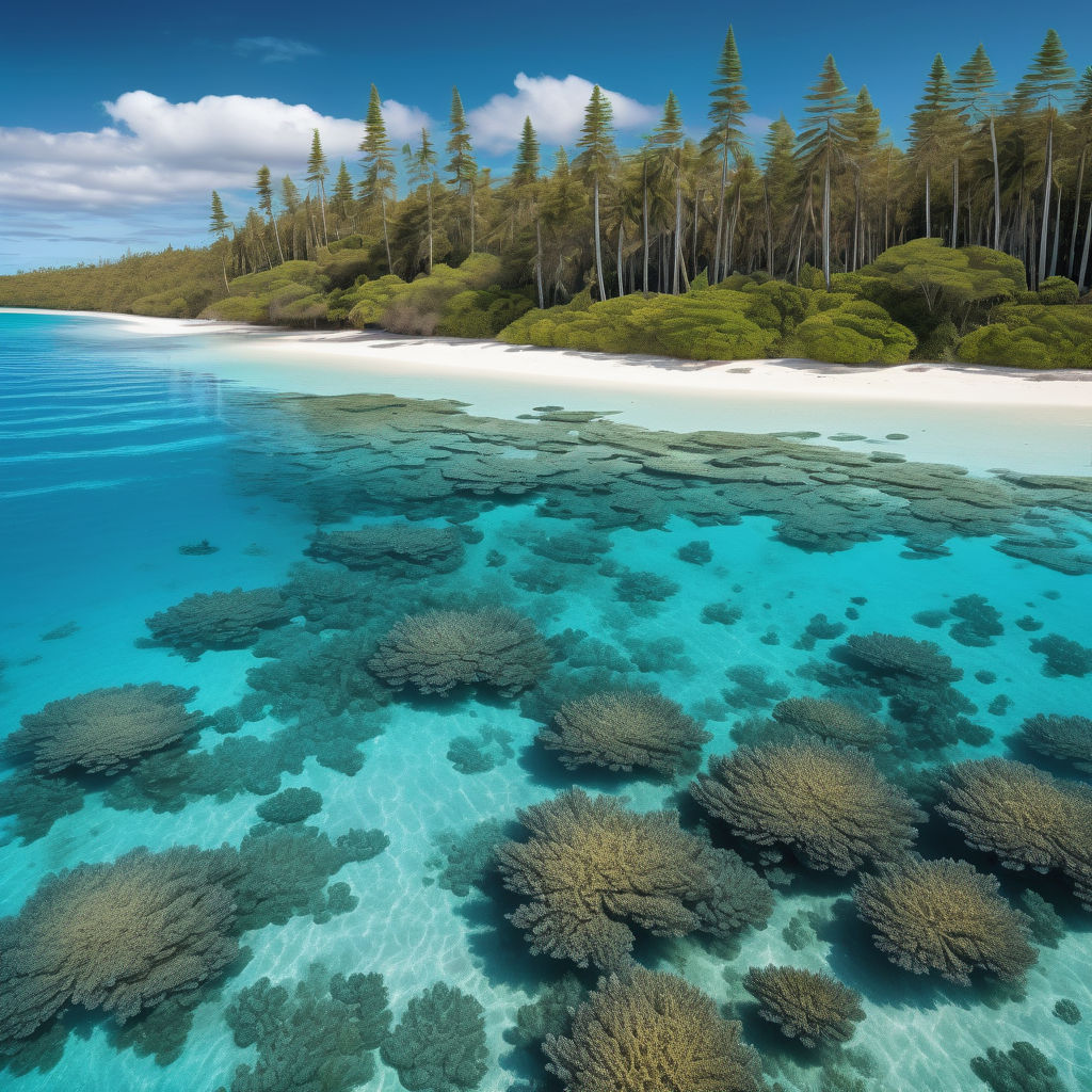 New Caledonia featuring the stunning Isle of Pines. Capture the pristine white sandy beaches, crystal-clear turquoise waters, and tall Araucaria pine trees. Include the vibrant coral reefs visible beneath the water and a clear blue sky to highlight the tropical paradise and natural beauty of this location.