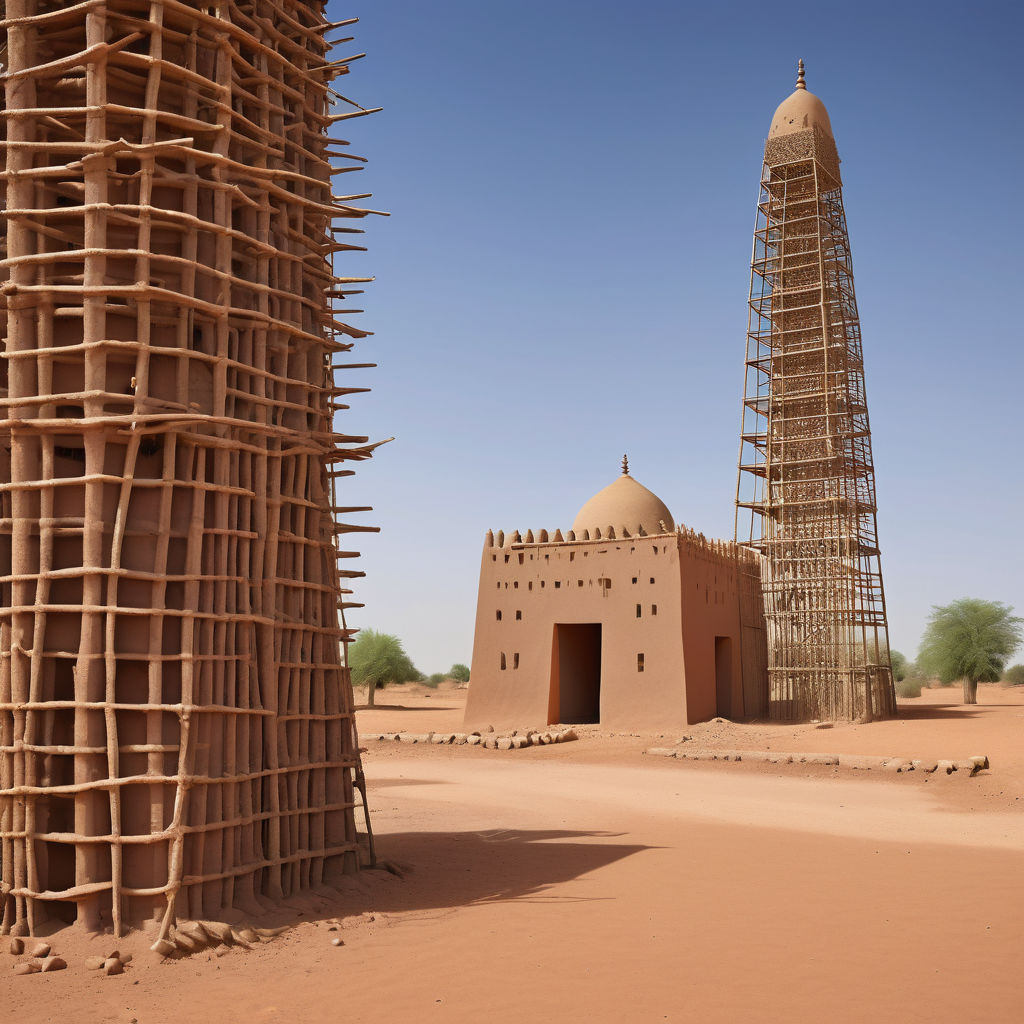 Niger featuring the ancient Agadez Mosque. Capture the distinctive mud-brick minaret with its wooden scaffolding and the surrounding traditional Sahelian architecture. Include the arid desert landscape and a clear blue sky to highlight the historical and cultural significance of this landmark.