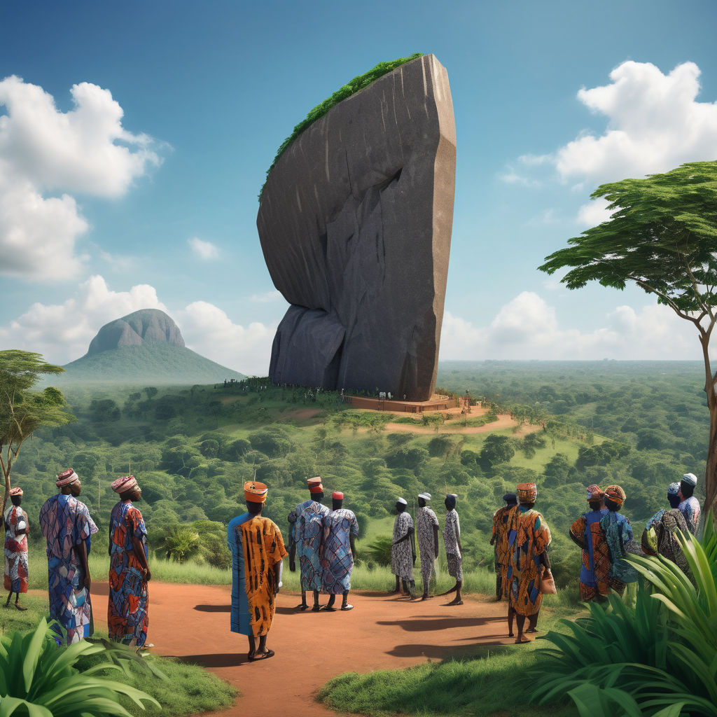 Nigeria featuring Zuma Rock. The image should show the massive monolith rising majestically from the surrounding landscape, with lush greenery at its base and a clear blue sky. Include a few people in traditional Nigerian attire to capture the cultural essence of the scene.