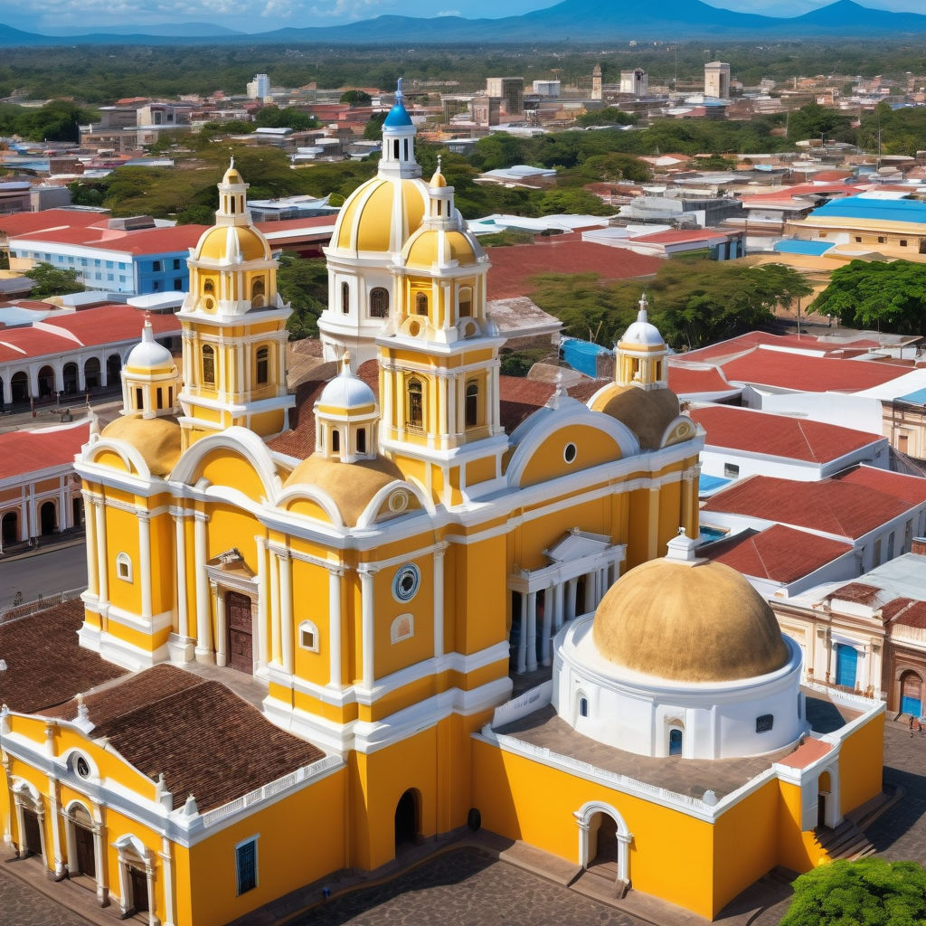 Nicaragua featuring the iconic Granada Cathedral. Capture the vibrant yellow and white facade of the cathedral with its domes and bell towers, set against a clear blue sky. Include the surrounding colonial buildings and cobblestone streets to highlight the historical and architectural charm of Granada.