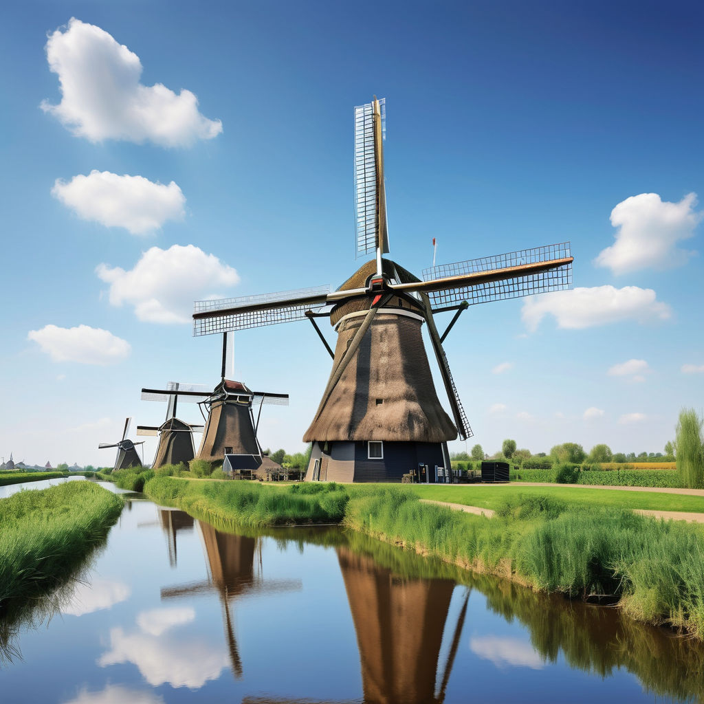 the Netherlands featuring traditional Dutch windmills at Kinderdijk. The image should show the iconic windmills along the canals, with lush green fields and a clear blue sky. Include some reflections in the water to capture the serene and picturesque nature of this landmark.