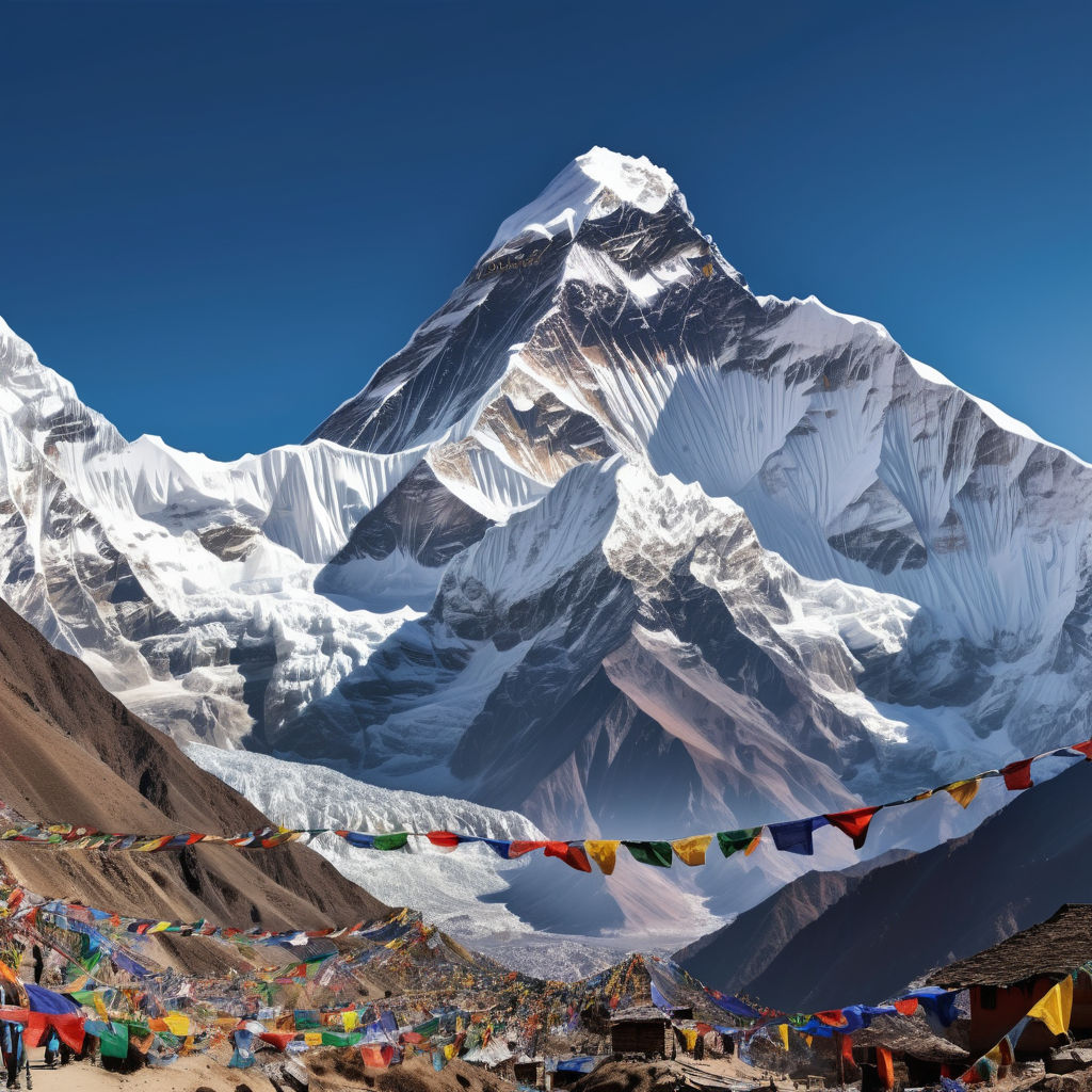 Nepal highlighting the majestic Mount Everest. Capture the iconic snow-capped peak with the surrounding rugged Himalayas and clear blue sky. Include the picturesque landscape of the base camp with prayer flags and trekkers to emphasize the grandeur and natural beauty of Nepal.