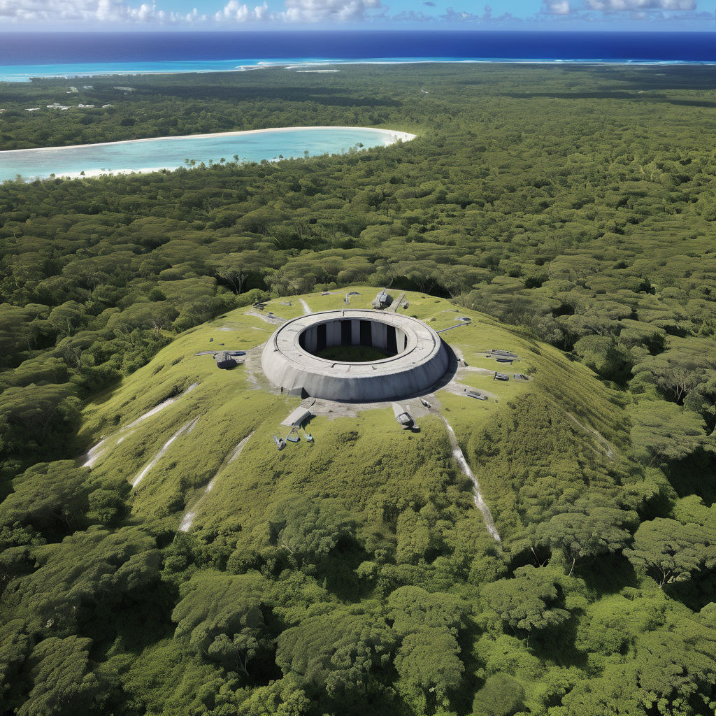 Nauru featuring the iconic Command Ridge. Capture the highest point on the island with its remnants of World War II artifacts, including bunkers and gun emplacements. Include the surrounding lush green landscape and a clear blue sky to highlight the historical and scenic significance of this location.