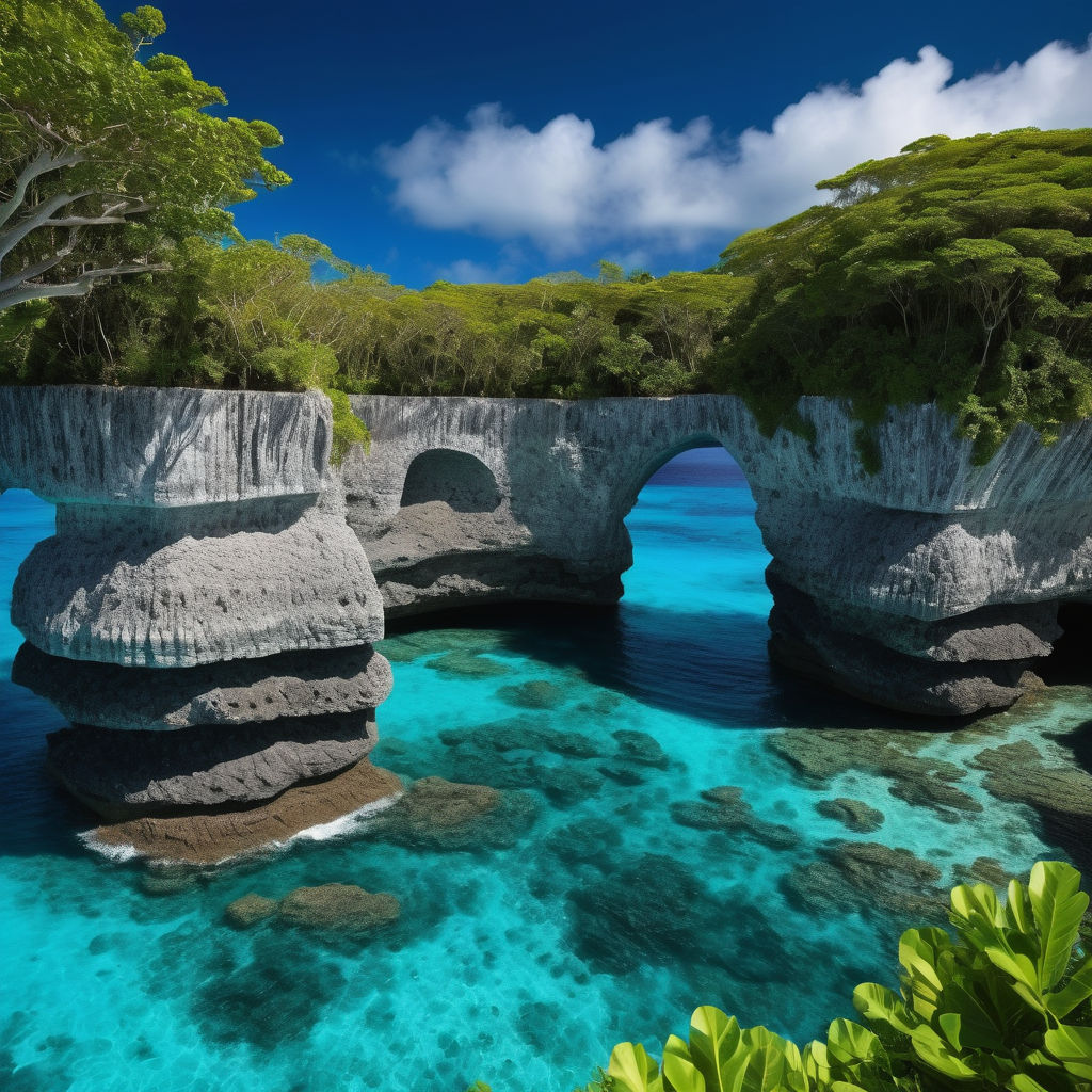 Niue featuring the stunning Talava Arches. Capture the dramatic limestone rock formations with natural archways, surrounded by lush green vegetation and crystal-clear turquoise waters. Include the rugged coastline and a clear blue sky to highlight the natural beauty and unique scenery of this location.