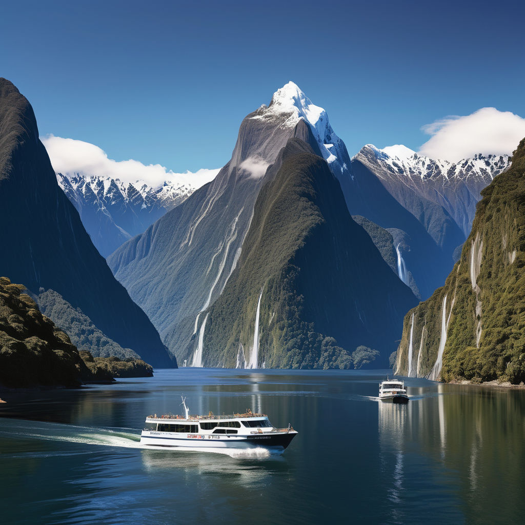 New Zealand featuring Milford Sound. Show the stunning fjord with its towering cliffs, cascading waterfalls, and lush green vegetation. Include the serene blue waters and a clear sky, with a small boat navigating through the sound to capture the natural beauty and tranquility of this iconic landscape.