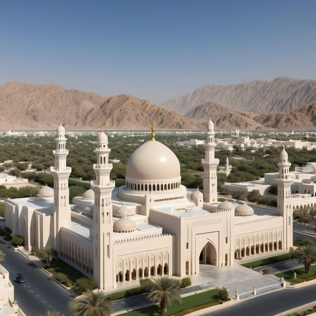 Oman featuring the Sultan Qaboos Grand Mosque. Show the grand mosque with its impressive domes, minarets, and intricate architectural details. The image should capture the mosque's grandeur against a clear blue sky, with the surrounding landscape including some desert terrain or palm trees to reflect the typical Omani environment.