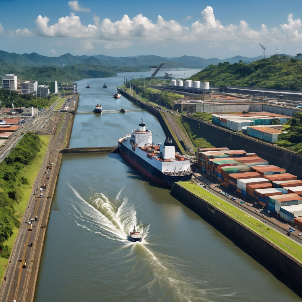 Panama showcasing the Panama Canal. Focus on the iconic Miraflores Locks with large ships passing through the canal, the surrounding green lush vegetation, and the modern control towers in the background. Capture the waterway's engineering marvel and the bustling activity of the canal with a clear, sunny sky.