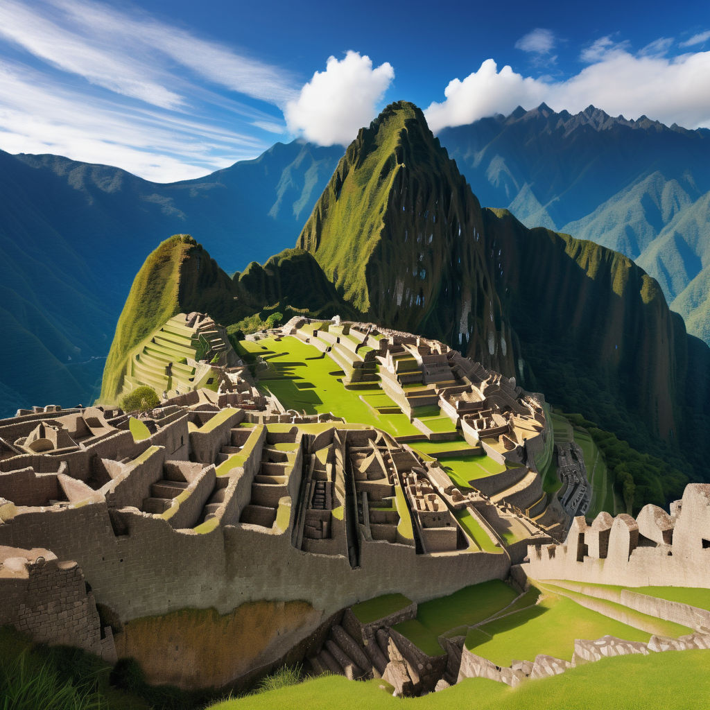 Peru featuring Machu Picchu. The image should show the iconic ancient Incan city with its stone terraces and ruins set high in the Andes Mountains, surrounded by lush greenery and mist. Include a clear blue sky to capture the historical and natural significance of this landmark.