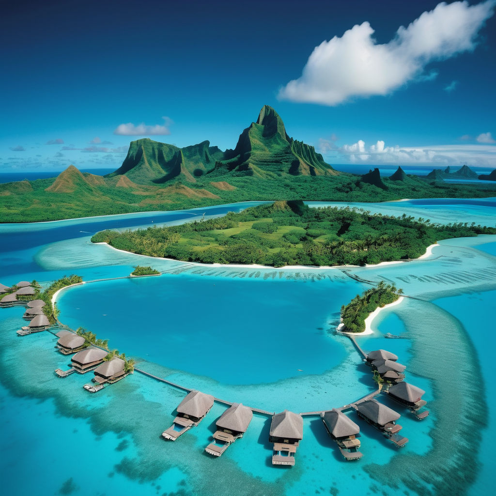 French Polynesia featuring Bora Bora. Capture the iconic overwater bungalows, crystal-clear turquoise lagoon, and the lush green peak of Mount Otemanu in the background. Include the vibrant coral reefs visible beneath the water and a clear blue sky to highlight the tropical paradise and stunning beauty of this location.