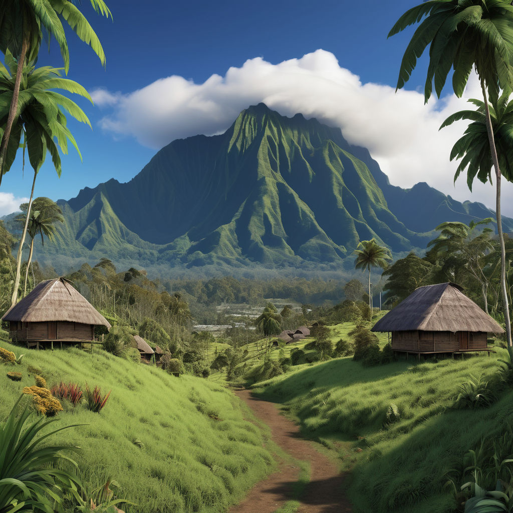 Papua New Guinea featuring the stunning Mount Wilhelm. Capture the lush green slopes of the mountain with its diverse flora, the snow-capped peak, and the surrounding rugged landscape. Include some traditional huts and a clear blue sky to highlight the natural beauty and cultural significance of this landmark.