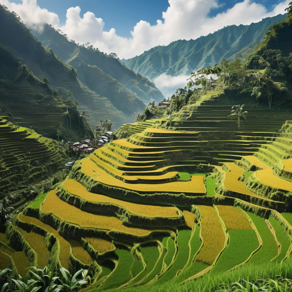 the Philippines featuring the Banaue Rice Terraces. The image should show the lush, green terraced fields carved into the mountainside, with a clear blue sky and mist rising from the valleys. Include a few traditional Ifugao huts to capture the cultural and historical significance of the landscape.