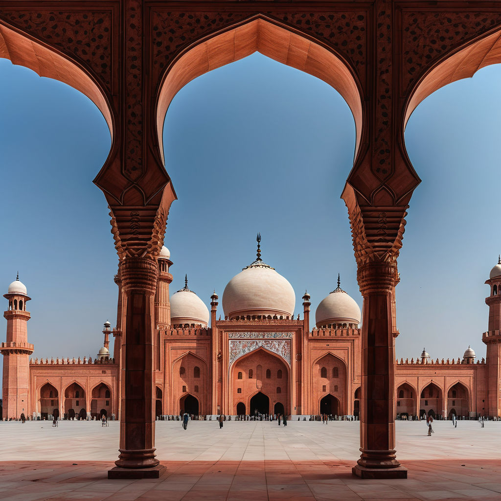 Pakistan featuring the Badshahi Mosque. The image should show the grand mosque with its large domes, towering minarets, and expansive courtyard, set against a clear blue sky. Include a few people walking around to capture the landmark's scale and cultural significance.