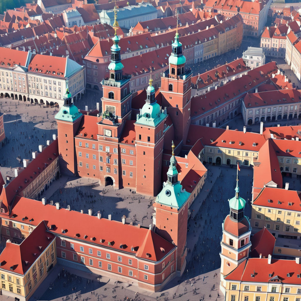 Poland featuring the Royal Castle in Warsaw. The image should show the historic castle with its distinctive red walls and tall clock tower, set against a clear blue sky. Include the surrounding Old Town Market Square with its colorful buildings and cobblestone streets to capture the cultural and historical significance of this landmark.