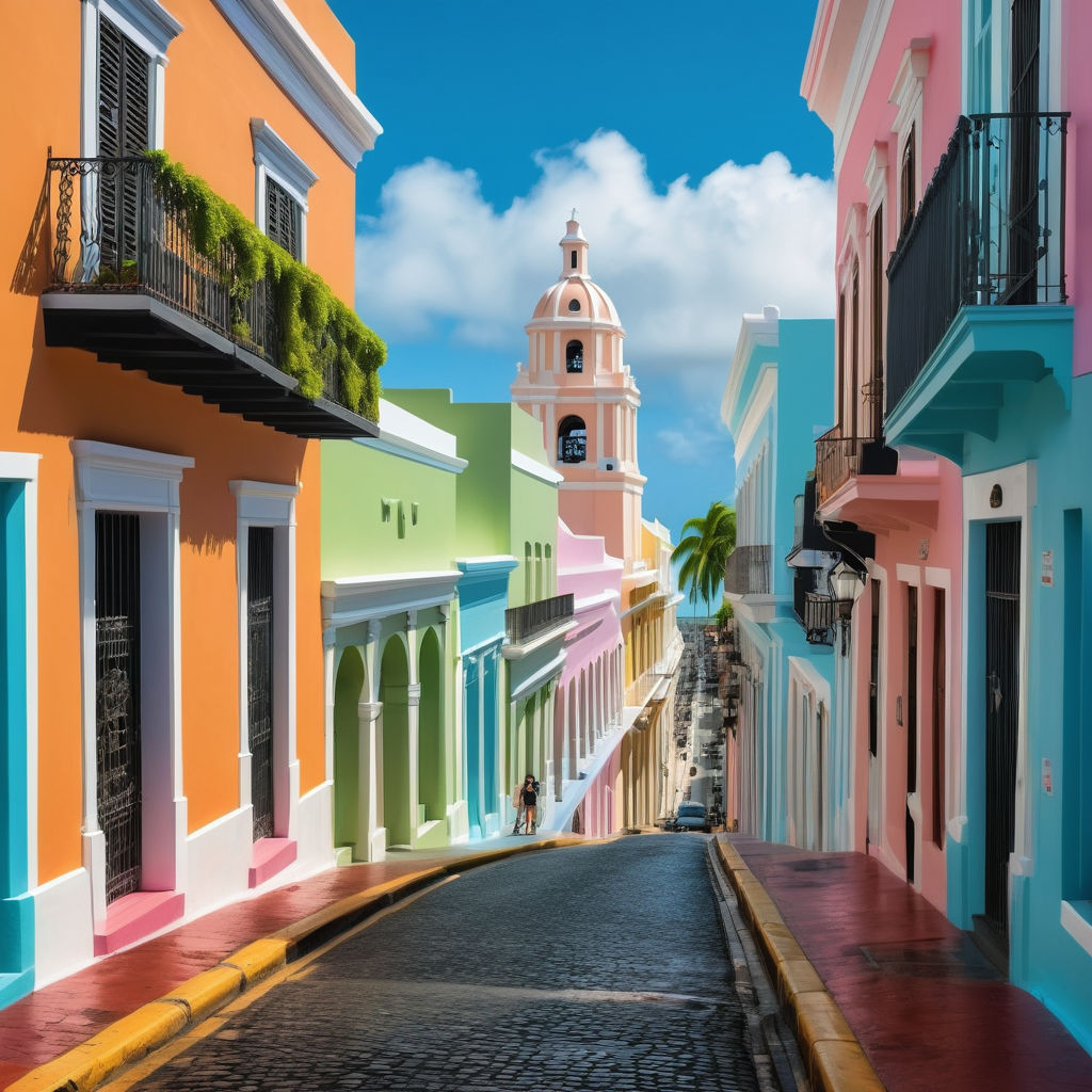 Puerto Rico featuring the vibrant streets of Old San Juan. Show the colorful colonial buildings with their distinct pastel hues, wrought-iron balconies, and cobblestone streets. Include landmarks like the San Juan Cathedral and El Morro fortress in the background, with lush tropical greenery and a clear blue sky.