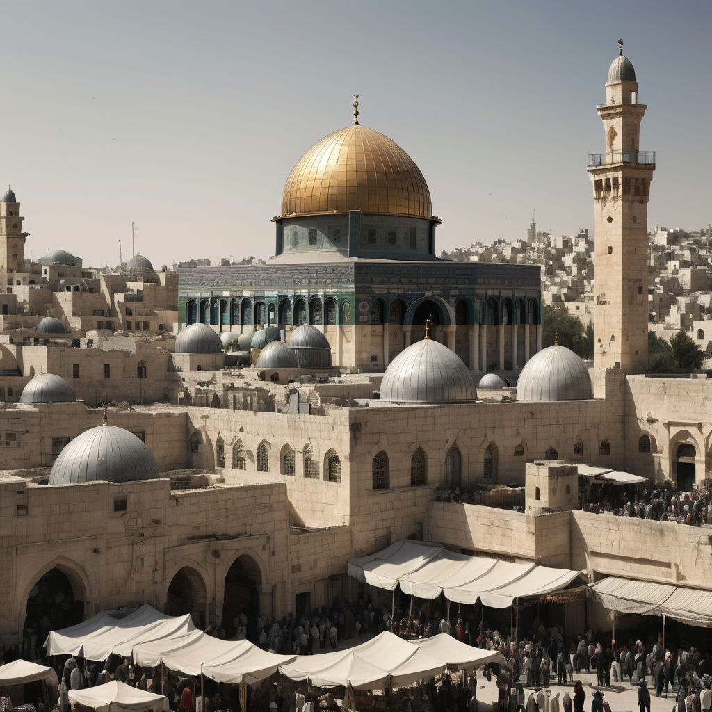 Palestine, featuring a prominent landmark or scene. Include elements that clearly identify the location as Palestine, such as the Dome of the Rock in Jerusalem with its golden dome, or a bustling street market in the old city. Ensure the architecture, cultural details, and atmosphere reflect the authentic essence of Palestine.