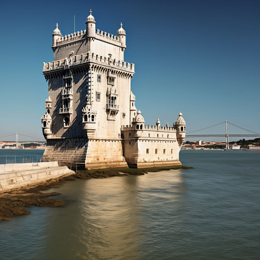 Portugal featuring the Belem Tower in Lisbon. The image should capture the historic fortress located on the Tagus River with its distinctive Manueline architecture and ornate details. Include the surrounding river and a clear sky to emphasize the tower’s grandeur and its significance as a symbol of Portuguese maritime history.