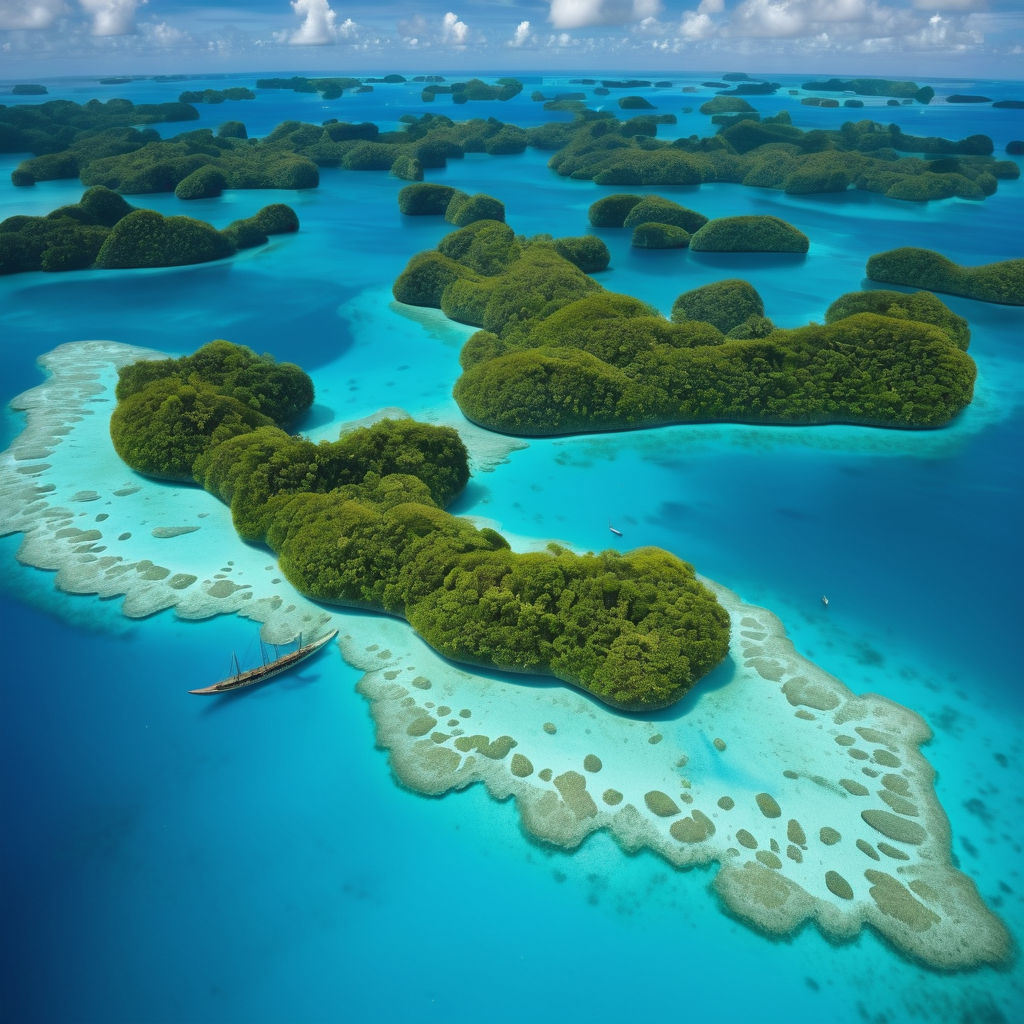 Palau featuring the stunning Rock Islands. Capture the lush green islands with their distinctive rounded shapes, surrounded by crystal-clear turquoise waters. Include a few traditional outrigger canoes and a clear blue sky to highlight the natural beauty and unique scenery of this location.