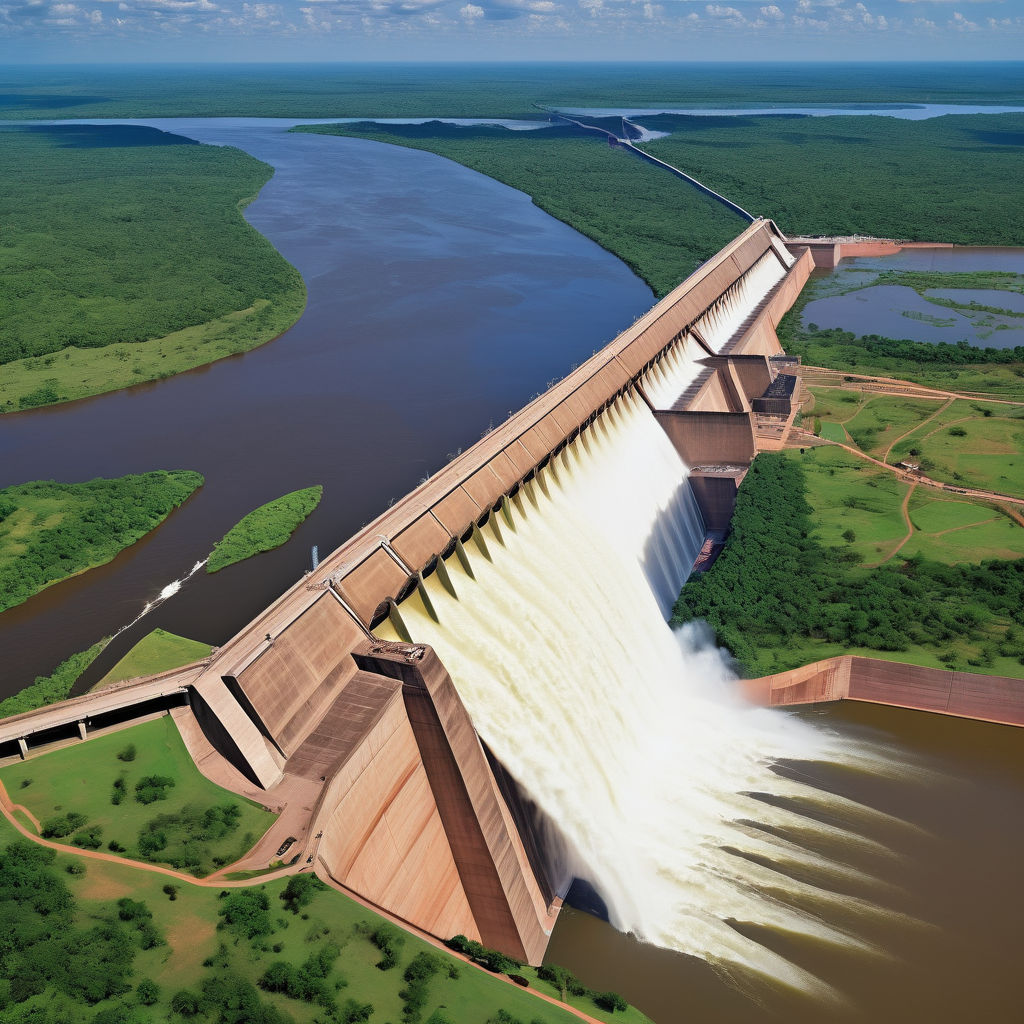 Paraguay featuring the Itaipu Dam. Show the massive hydroelectric dam spanning the Paraná River, with its impressive structure and water flowing through the turbines. Include the surrounding lush green landscape and the dam's control center, highlighting its significance as one of the largest hydroelectric power plants in the world.