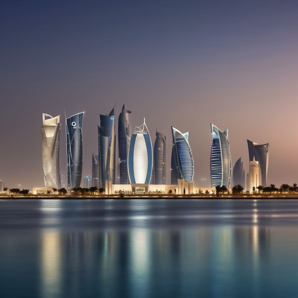 Qatar, featuring a prominent landmark or scene. Include elements that clearly identify the location as Qatar, such as the iconic skyline of Doha with its modern skyscrapers, or the Museum of Islamic Art with its distinctive architecture by the waterfront. Ensure the architecture, cultural details, and atmosphere reflect the authentic essence of Qatar.