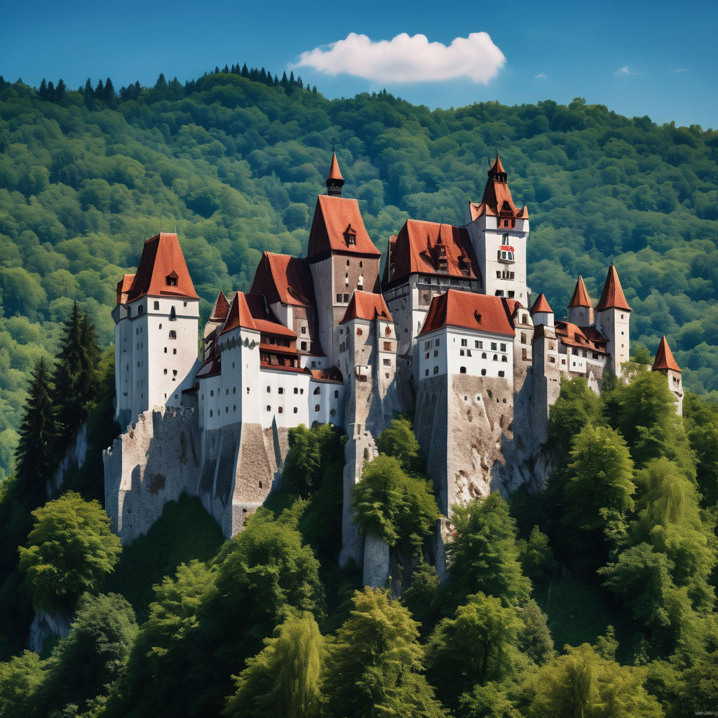 Romania featuring Bran Castle. The image should show the historic castle perched on a hill with its medieval architecture and red-tiled roofs, surrounded by lush green forests. Include a clear blue sky to capture the castle's iconic and mysterious atmosphere.